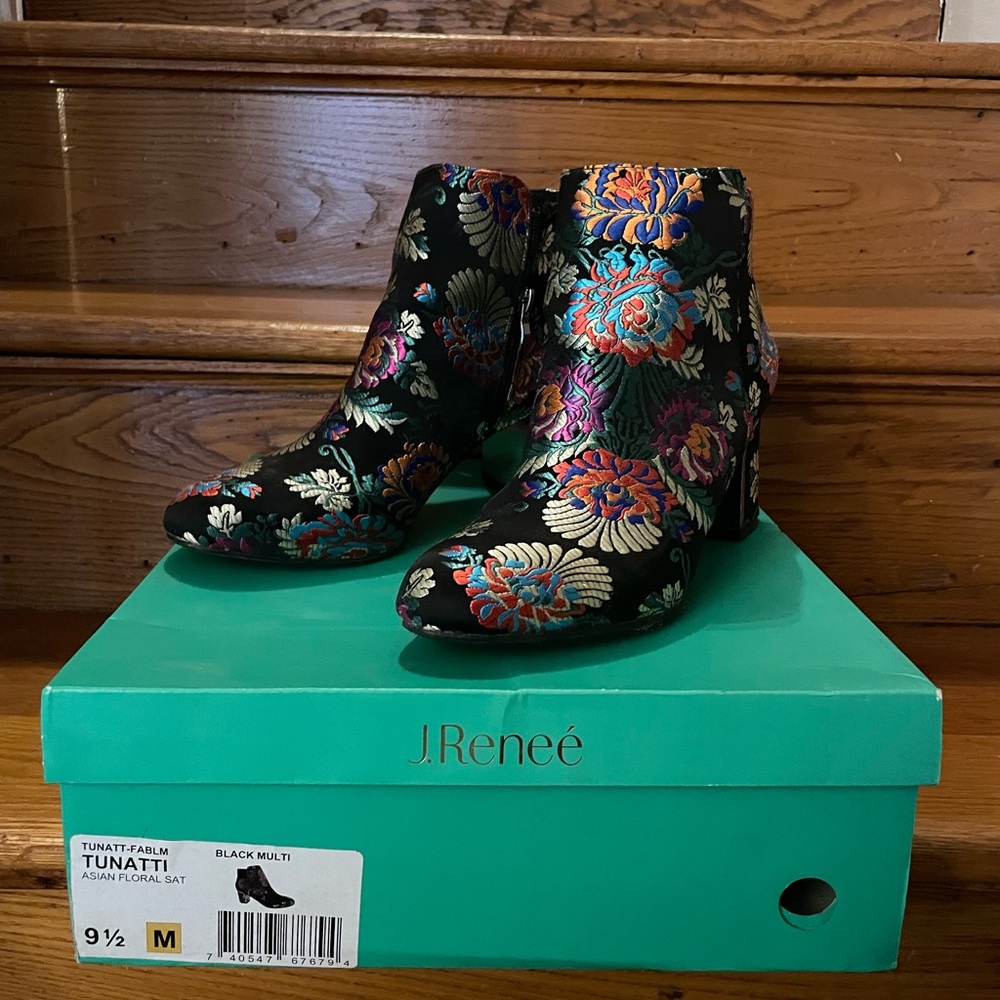 J.Renee Black Floral Embroidered Satin Ankle Boots